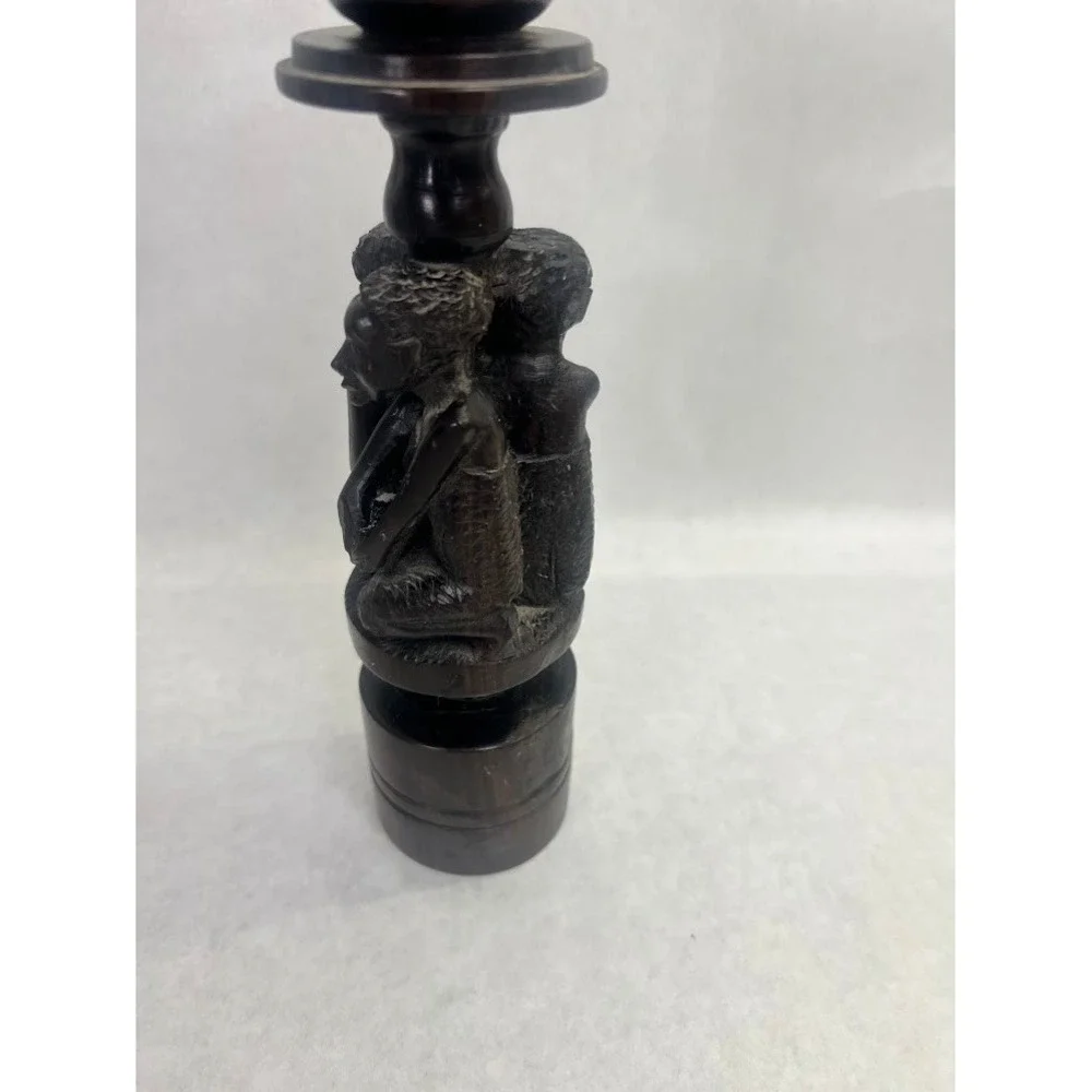 Hand Carved African Ebony Wood Candlestick Holder Tribal Figures Dark Wood 11in